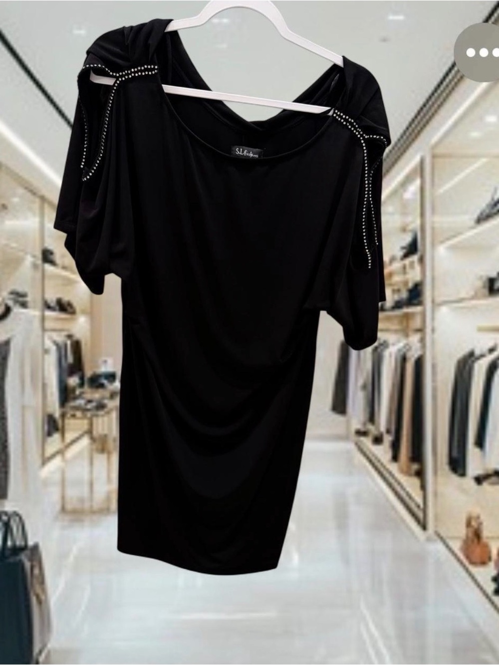 S.L. Fashions Black cold shoulder dress with rhinestones Sz 14